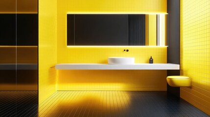 Fototapeta premium Bright and cheerful modern bathroom featuring yellow square tiles, elegant white sink, and black floor tiles