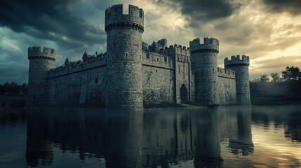 The still waters of the moat mirror the brooding sky, encircling the stone castle in a moody calm as its towering battlements rise against shifting clouds.

