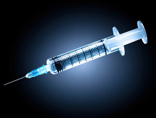 Medical Syringe with Clear Liquid on Dark Blue Background