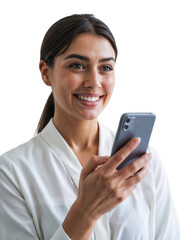 Smiling woman in white shirt uses smartphone while engaging with digital content