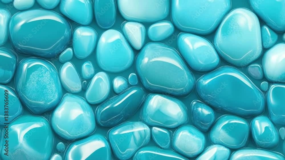 Poster smooth, glossy turquoise pebbles arranged closely together, creating a vibrant and textured surface.