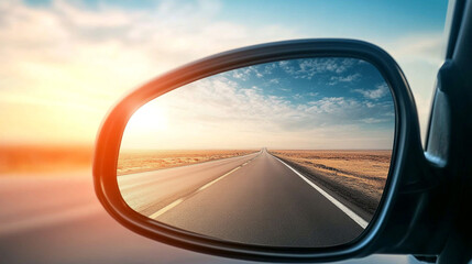 Fototapeta premium Open Road Sunset View from Car Side Mirror