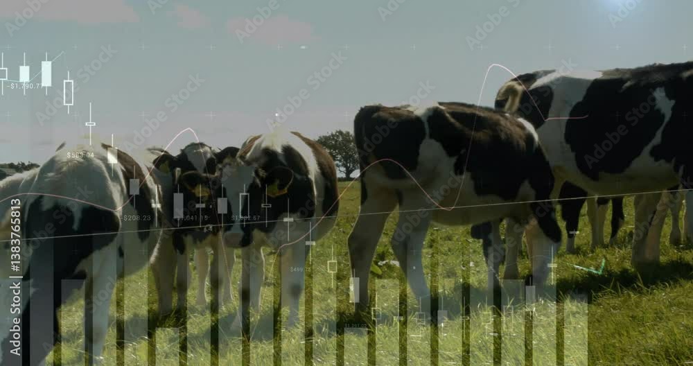 Poster cows grazing in field with financial data processing animation overlay