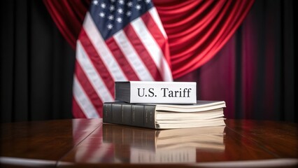 Reciprocal Tariffs. Import Tariffs USA 2025 U.S. tariff documents on a table with an American flag in the background.
