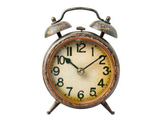 Old-fashioned alarm clock with two bells on top, isolated on a plain white background Transparent PNG 
