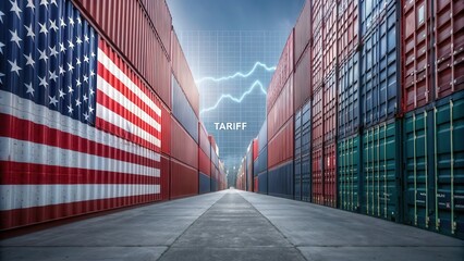 Reciprocal Tariffs. Import Tariffs USA 2025 A view of shipping containers with an American flag and a graph symbolizing trade and tariffs.