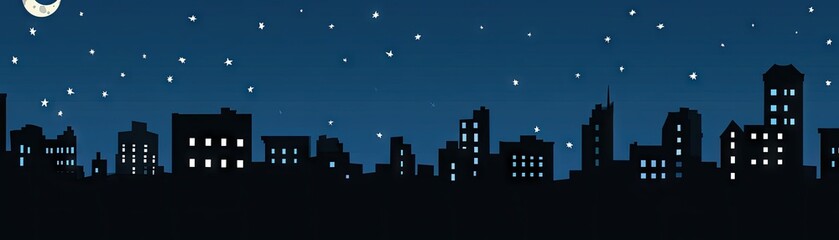 Silhouetted buildings glow at night under a crescent moon and twinkling stars in the deep blue sky