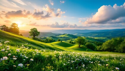 Fototapeta premium Rolling Green Hills Landscape With Wildflowers Under A Vibrant Sunset Sky Panorama