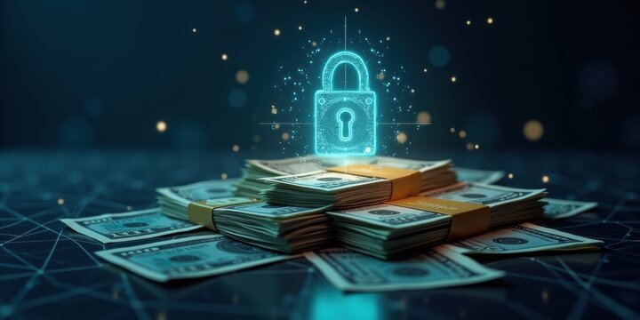 A vibrant digital illustration showcasing a stack of dollar bills protected by a glowing lock, symbolizing financial security and blockchain technology.
