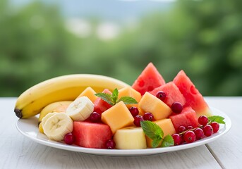 A vibrant summer fruit salad bursting with juicy watermelon, sweet cantaloupe, and ripe bananas, garnished with fresh mint and red currants, bathed in soft natural light.