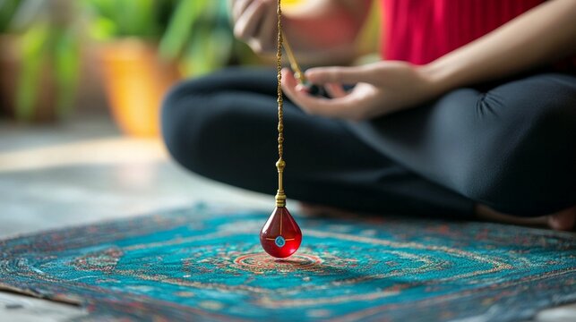 Tranquil meditation scene with a delicate pendulum suspended above an intricate turquoise mandala rug, capturing a moment of spiritual reflection and inner peace.