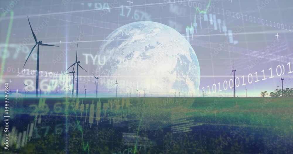 Poster wind turbines in field with financial data and earth animation overlay