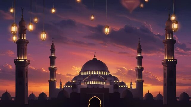 Majestic mosque silhouette at sunset with glowing lanterns. Islamic architecture. Ramadan Kareem greeting card for Eid al-Fitr or Eid al-Adha celebration.