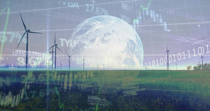 Wind turbines in field with financial data and Earth animation overlay