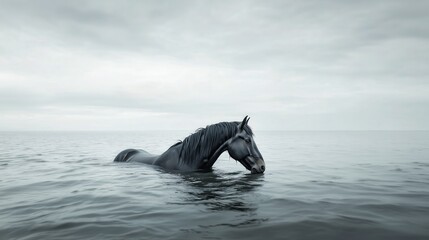 Fototapeta premium A lone horse glides through the open sea, its head held high above the waves, embodying strength and quiet grace beneath a brooding, overcast sky.