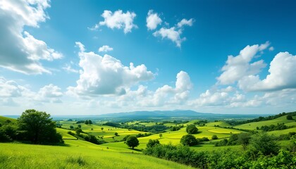 Fototapeta premium Rolling Green Hills And Yellow Fields Under A Bright Blue Cloudy Sky