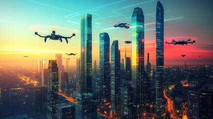 Futuristic Cityscape Drone Delivery Sunset Skyline Modern Urban Technology Advanced Aerial Transportation Smart City Night Cityscape Digital Art      