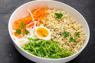 Vegan bowl noodles vegetable salad tasty fresh budda bowl gourmet food background table rustic food top view copy 