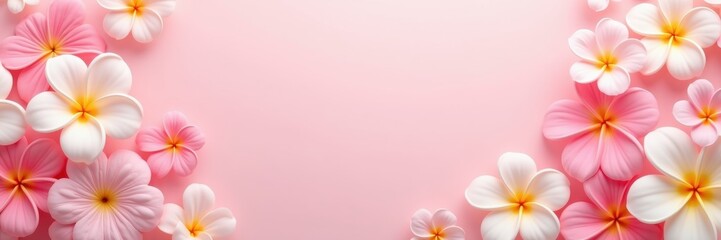 Naklejka premium An enchanting arrangement of pink and white flowers on a soft pink background, perfect for spring themes, invitations, or floral designs.