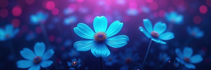 Obraz premium Vibrant blue flowers with a dreamy, glowing background, creating a surreal and enchanting atmosphere in a magical garden setting.