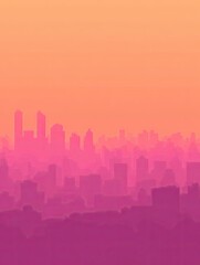 Obraz premium Skyline view of city with building silhouettes against gradient peach, pink, purple sky background