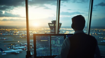 Air Traffic Controller Overseeing Operations at Dusk from Control Tower