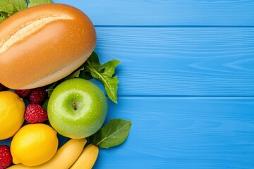 Fresh Fruit and Crusty Roll on Blue Wood Background