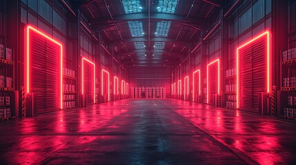 A futuristic logistics warehouse with autonomous AI-powered drones and robotic arms sorting parcels, advanced inventory systems visible, neon lighting accents