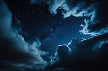 mystical midnight sky filled with stars and surrounded by dramatic clouds, a dark and natural background