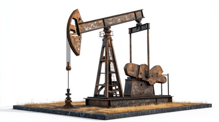 Rusty Oil Pumpjack Isolated on White, Depicting Industrial Decay and Resource Extraction