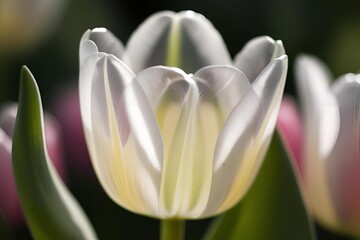 Obraz premium Macro close-up of a translucent tulip, its delicate petals almost see-through, with soft light highlighting the subtle details.