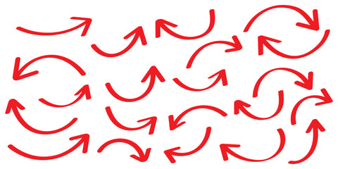 Red Hand drawn arrow collection. Set of red hand drawn arrow element vector. Collection of doodle arrows, lines, symbol, pointing mark. Grunge curved arrows set for business plan, presentation .
