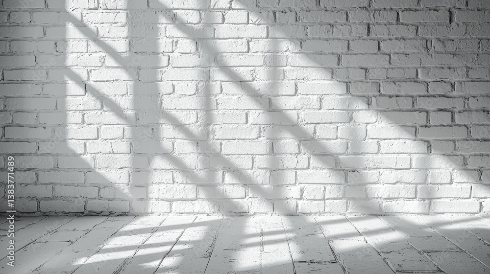 Poster Sunshine streams through a window, creating intricate shadow patterns on an aged white brick wall. The soft light enhances the room's character and tranquility