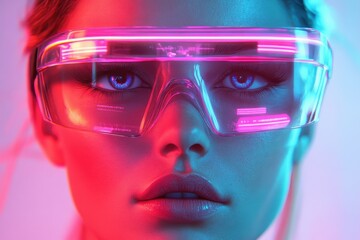 Portrait of a beautiful woman wearing virtual reality goggles 3d rendering Young woman wearing virtual reality goggles Future technology concept 3D Rendering.