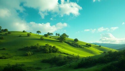 Obraz premium Lush Green Hills Under A Bright Sky With Scattered Trees And Rolling Landscape In The Background