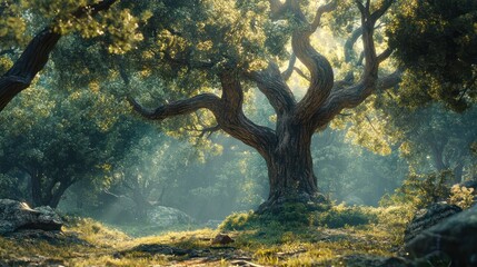Forest Path With Large Tree Tranquil Nature Background