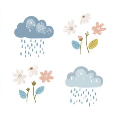 Fototapeta premium Stylized vector illustration showcasing four spring elements depicting rain, flowers, and playful weather motifs