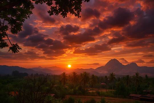 A breathtaking sunset over rolling hills, with golden sunlight casting a warm glow over the lush greenery. The sky is painted with soft hues of pink, orange, and blue, with dramatic clouds illuminated