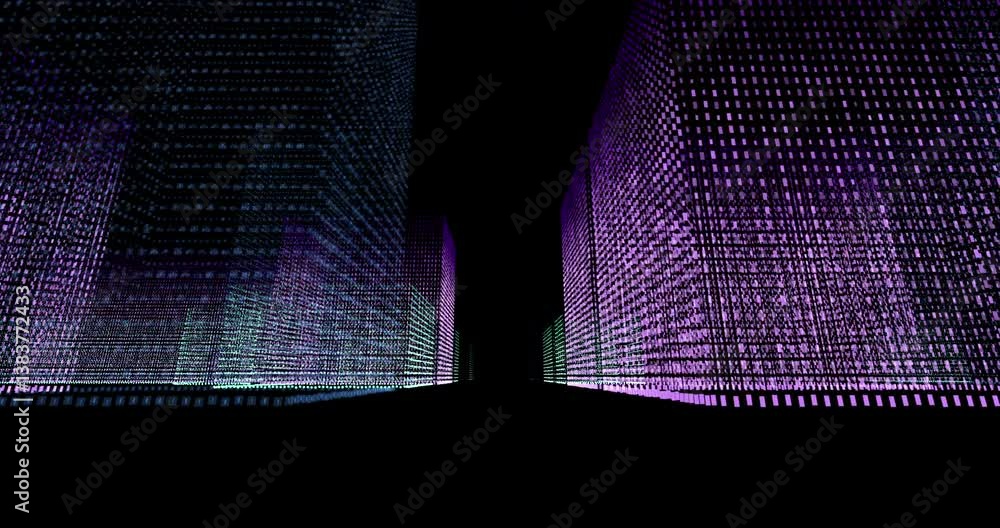 Poster Data, speed and digital neon smart city with system infrastructure, connectivity and global network. Light, communication and internet traffic on information highway with grid matrix in cyber space