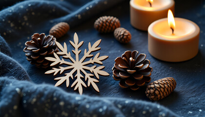 Christmas still life with wooden snowflake ornament, candle and pine cones on rustic table