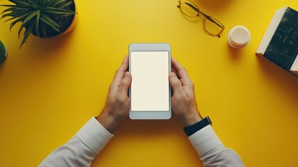 Top view of business person using tablet on vibrant yellow office workspace
