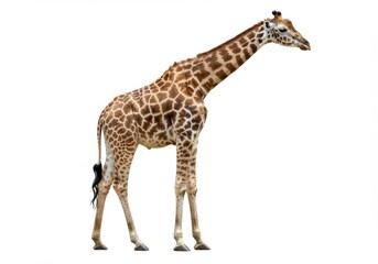 Naklejka premium Photorealistic Giraffe in Side View Detailed Texture and Golden-Brown Patterns on White Background