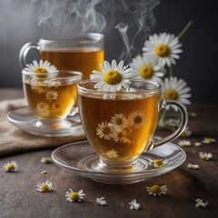 "Hot chamomile tea in a transparent cup, isolated PNG style"