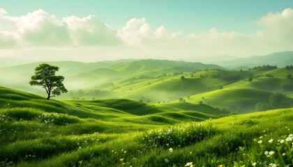 Rolling Green Hills Landscape With Lone Tree And Wildflowers Under A Tranquil Sky