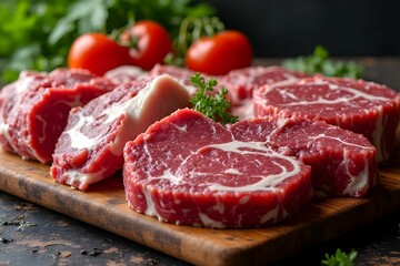 Obraz premium Fresh raw beef steak resting on a rustic wooden cutting board. The composition and creating a natural, farm-to-table aesthetic. Ideal for use in culinary, restaurant, or butchery-related projects