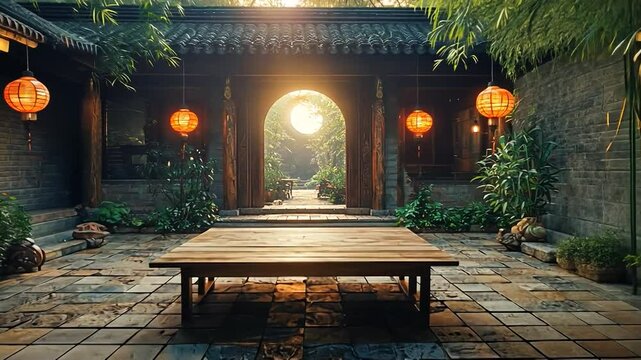 courtyard dining area with empty table video chinese interior