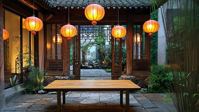 courtyard dining area with empty table video chinese interior