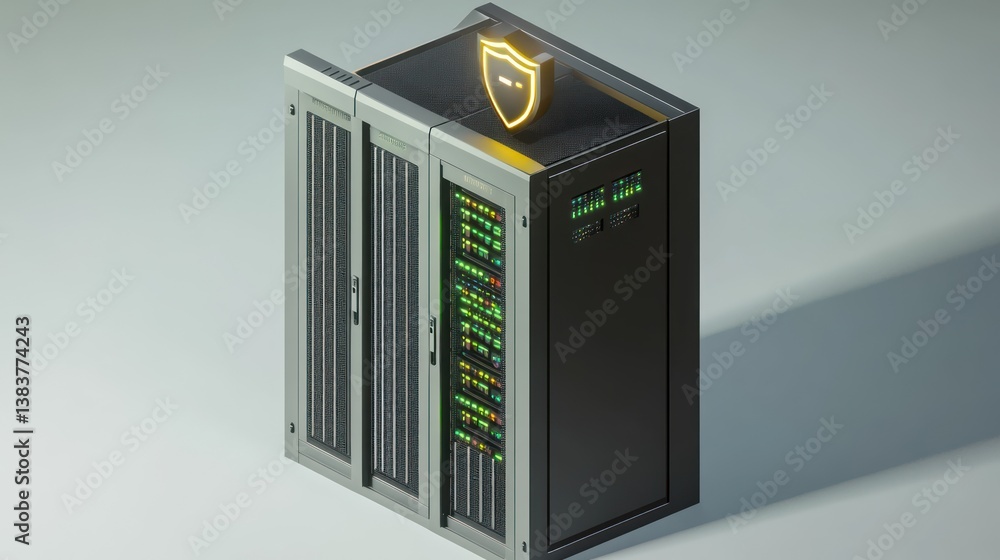 Poster high security data server with illuminated shield symbol emphasizing protection