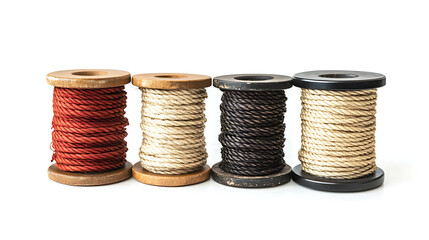 Four spools of rope, neatly wound in red, tan, black and gold,