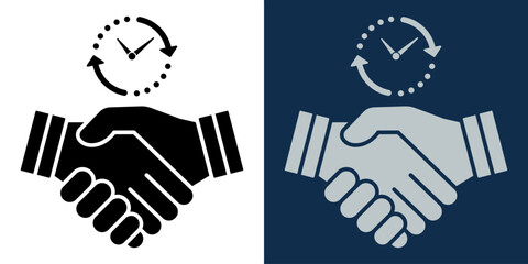 Business handshake and time management concept. Agreement, deal, cooperation, and deadline icon. Black and white handshake with clock symbolizing efficiency, punctuality, and partnership in business.